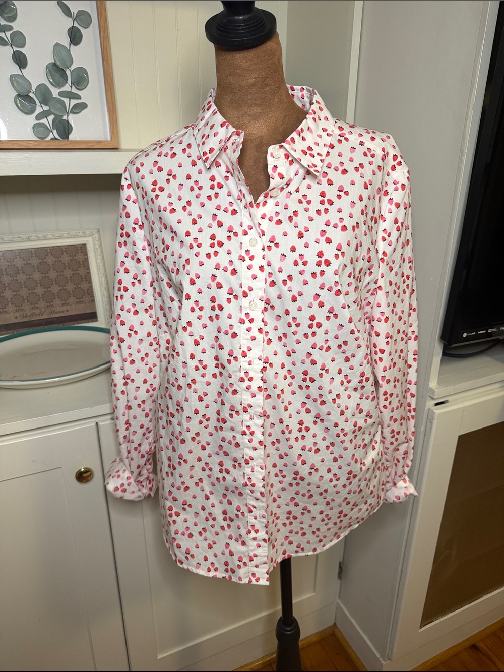 Boden White Button-Down Shirt with Pink Heart Print
